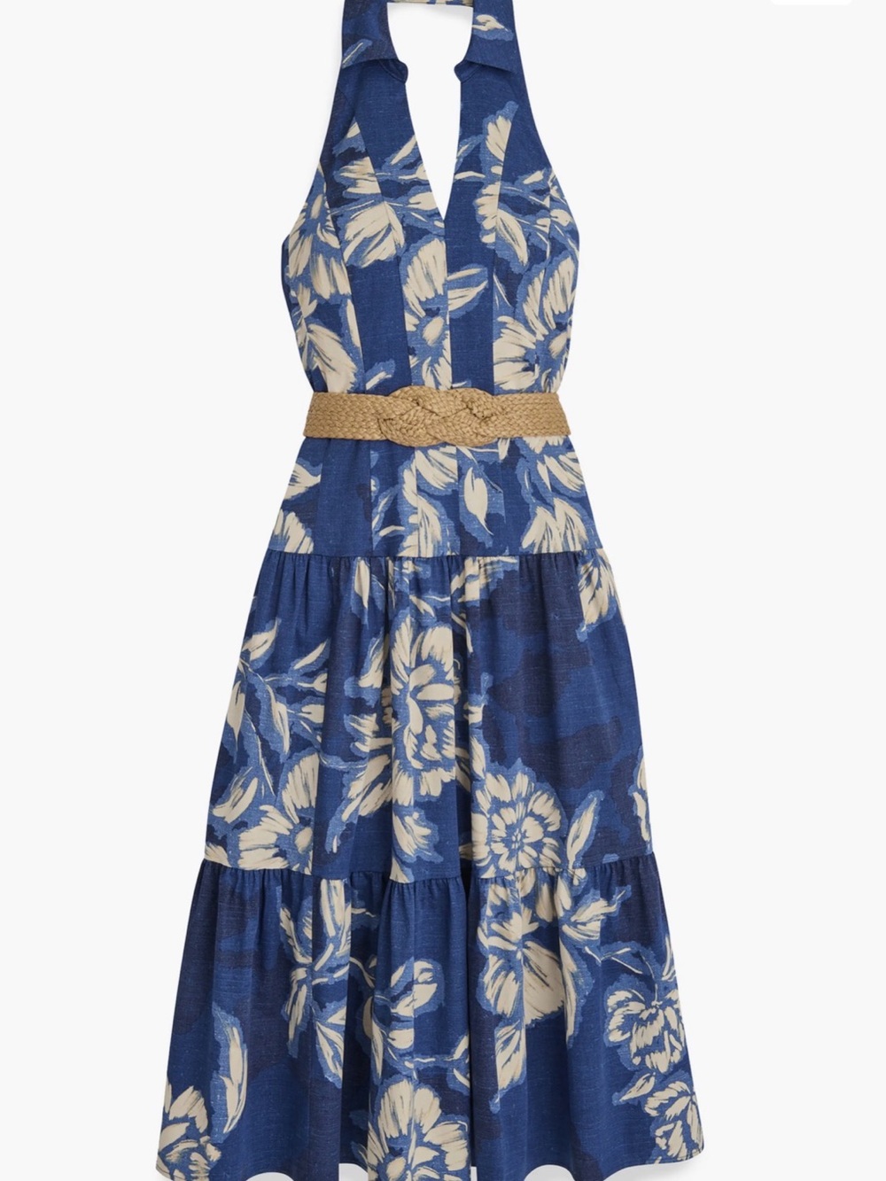 Donna Karan Blue and Cream Halter Floral Midi Dress Size 14 missing belt - Picture 4 of 6